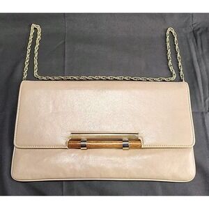 Vtg Mardane Tan Genuine Leather Clutch Gold Purse Chain USA Wood Handle 11x6.5x1